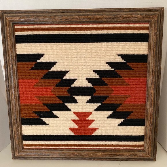 Unbranded Other - 80's Southwest theme diamond tapestry needlepoint framed art orange black 16"